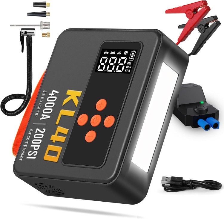 Jump Starter, Tire Inflator Portable Air Compressor, 4000A Peak 200PSI & 4X Faster, 26000mAh 12V Car Battery Jump Starter (9L Gas/7L Diesel),