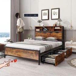 King Size Rustic Storage Bed Frame with Bookcase Headboard with Power Outlets, 2 Storage Drawers
