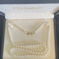 24” Mikimoto Blue Lagoon 6mm Pearl Necklace 14k Gold Diamond Clasp