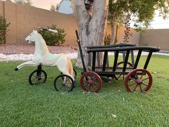Vintage goat cart and Antique horse tricycle decorations