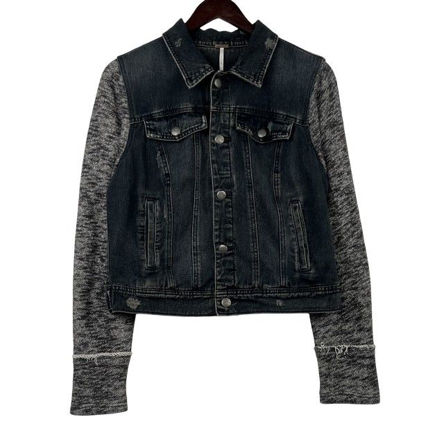 Free People Mixed Media Hooded Distressed Denim Jacket Womens Size MEDIUM