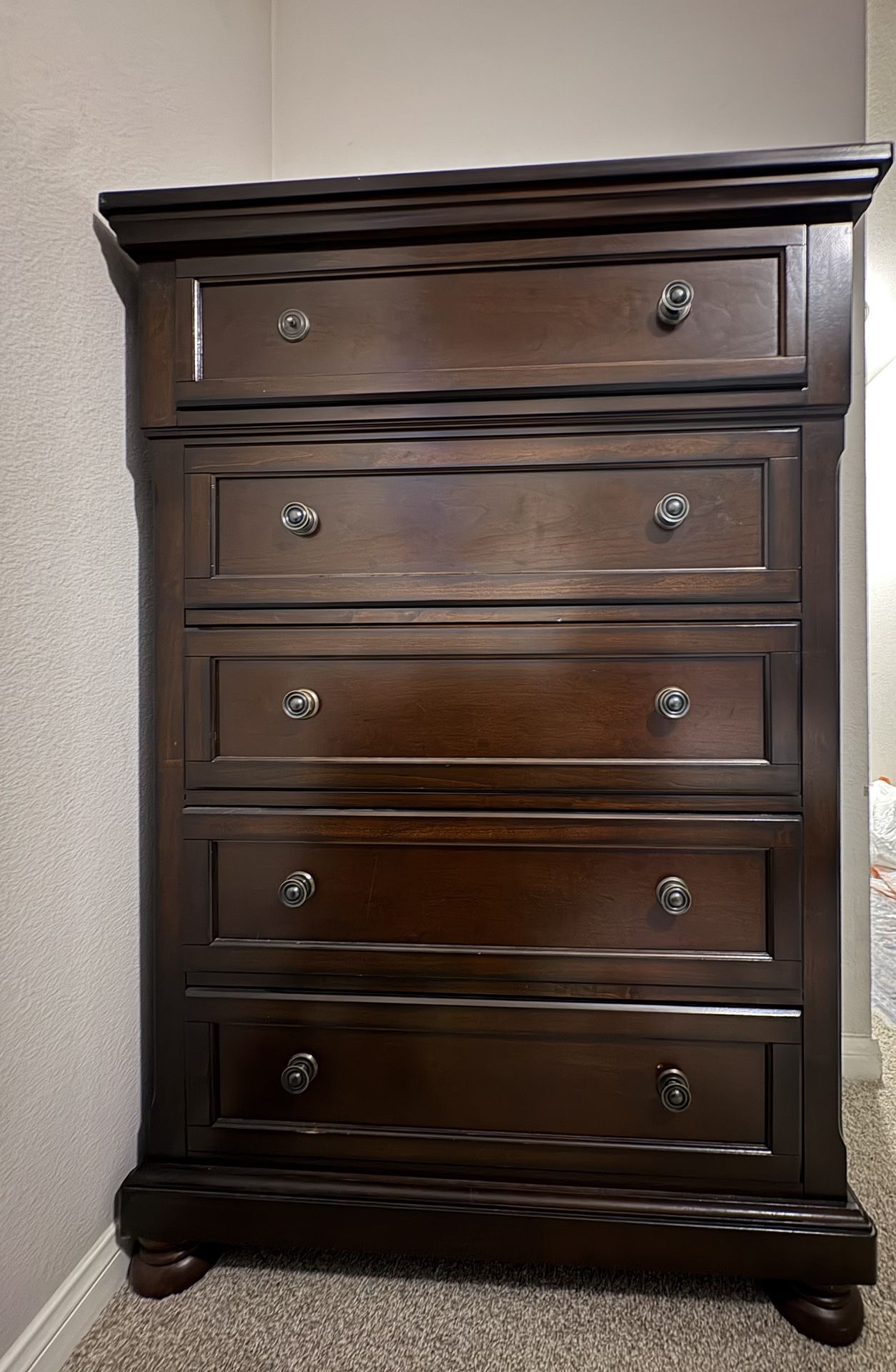 Solid Dark Brown Wooden Dresser - 5 Drawers