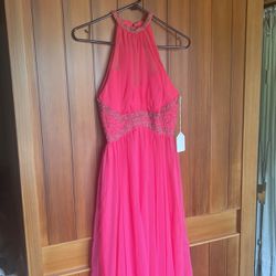 Bright pink beaded formal dress