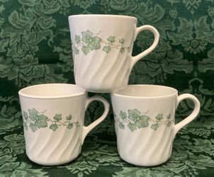 Vintage Corelle Callaway coffee cups mugs set of 3 white swirl green ivy