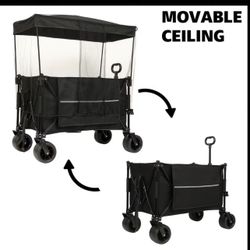 Large 31” Foldable Outdoor Utility wagon/Cart, Black Metal Frame with Durable Fabric Base, Mosquito Net and Canopy