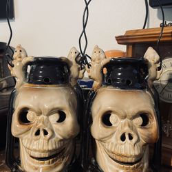 Vintage Ceramic Halloween Skull and Ghost Lantern Tea Light Candle Holder