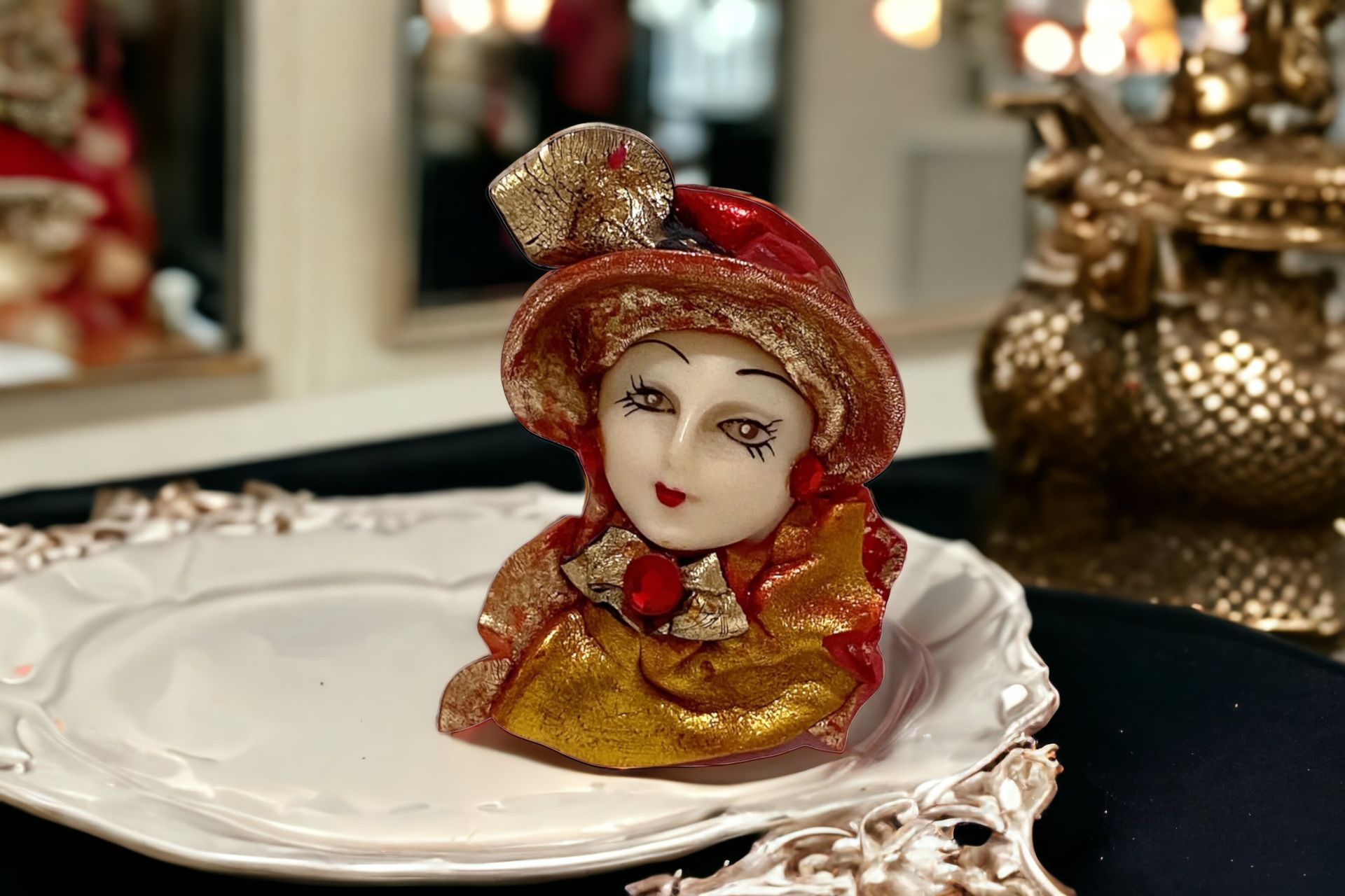 Woman Draped in Red & Gold Ribbons & Ruby Rhinestone Brooch/Pin