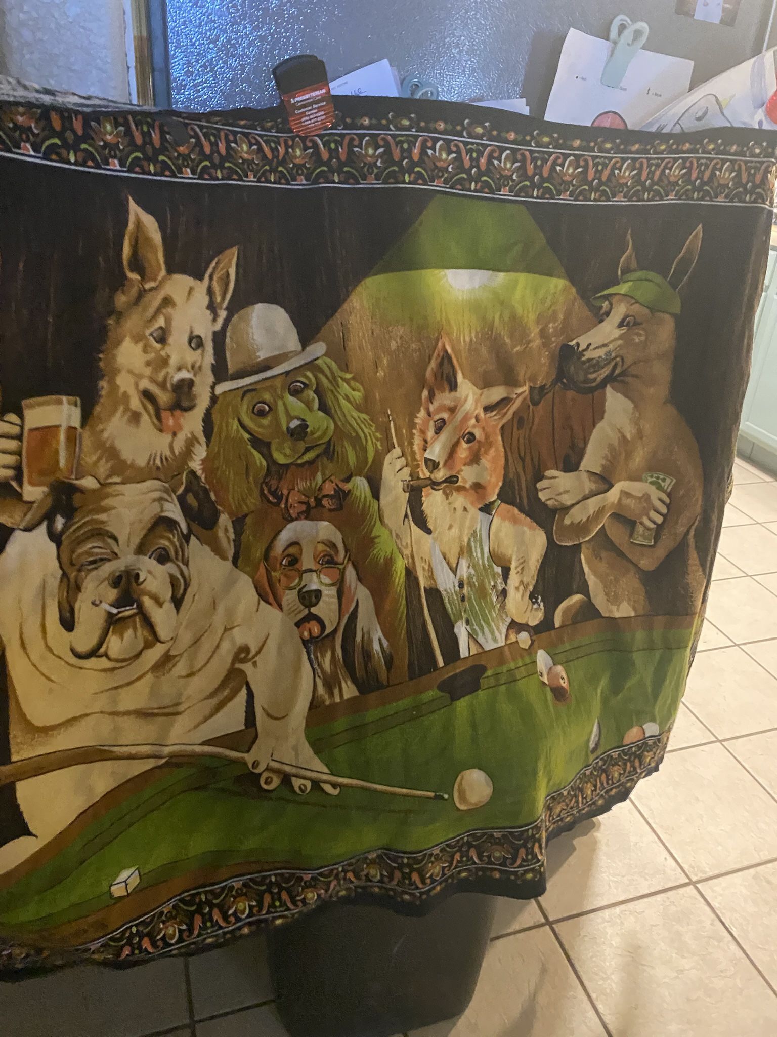 Old Material  Cloth Dogs Playing Pool Banner