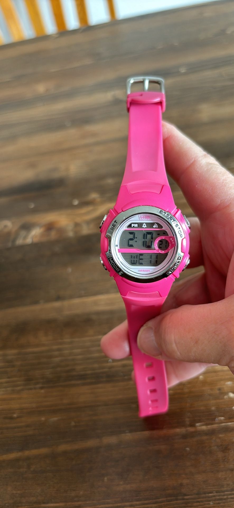 1440 sports day date indiglo stop watch  pink band 8”  ladies  stainless steel back Like New 
