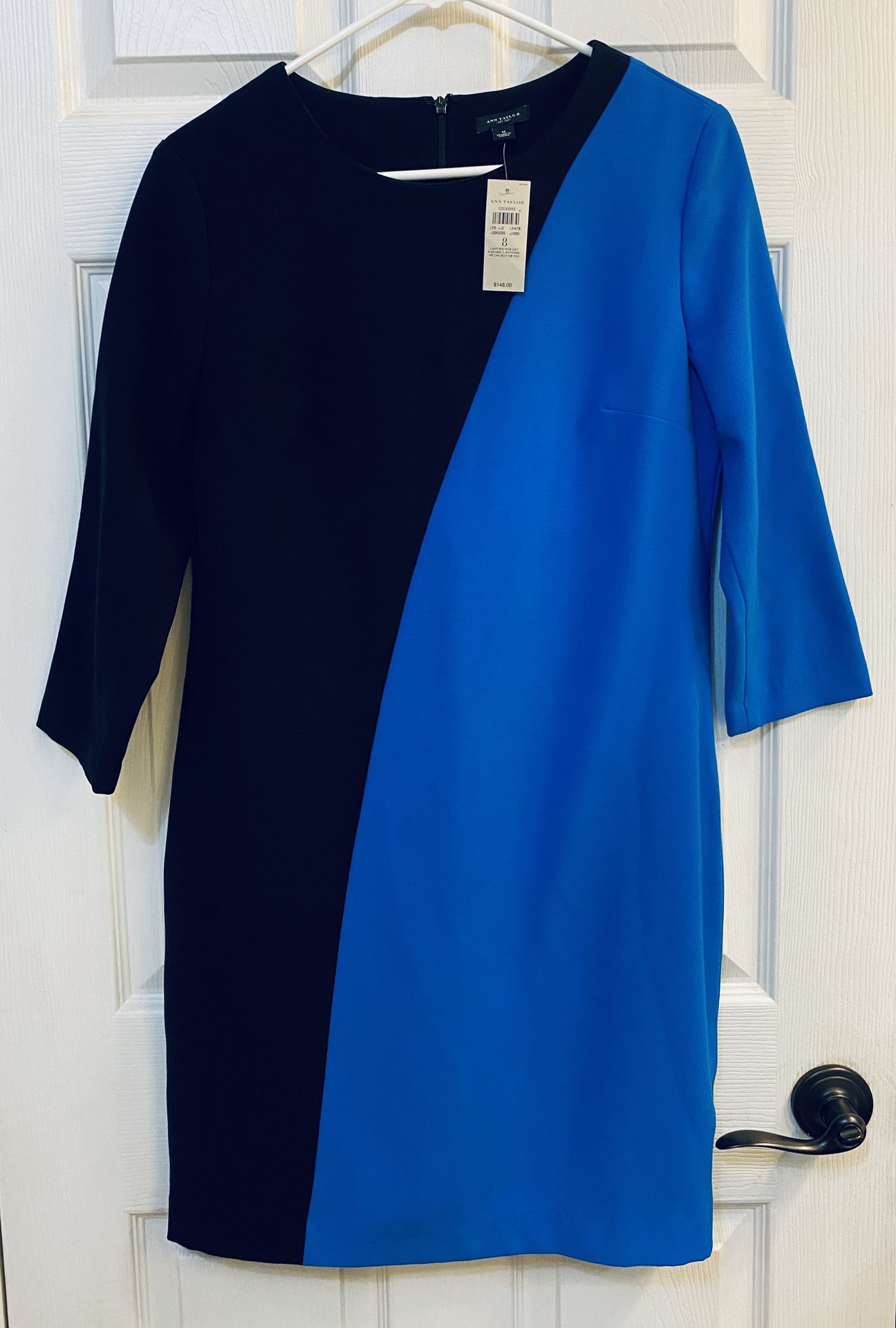 Ann Taylor Royal Blue and Black Color Block Midi Dress with 3/4 Sleeve - Size 8