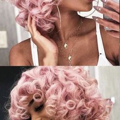 Pink Curly Wig Short Curly Wig with Bangs Afro Curly Synthetic Wig Short Fluffy Bouncy Curly #89