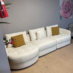 Anacapa 113" Ivory Teddy Sherpa Fabric Sofa, Mid Century Modern L-shape