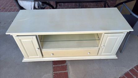 Cream Wood TV Stand with Glass Shelf