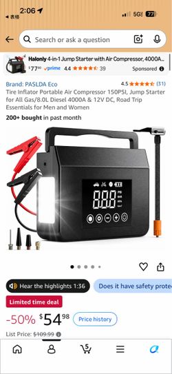 PASLDA Eco Portable Jump Starter with 150 PSI Air Compressor (4000A)