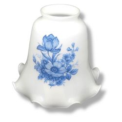 Set 4 Vintage Blue Ruffled Floral White Milk Glass Lamp Shades Flowers Cottage