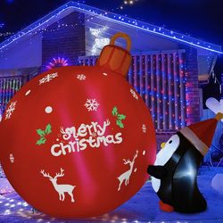 4FT Penguin Pushing Christmas Bell Inflatable Outdoor Decoration with Build-in LEDs