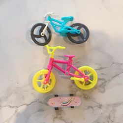 Miniature Bikes and Skate Board for Small Dolls, Miniature Houses, and Pretend Play