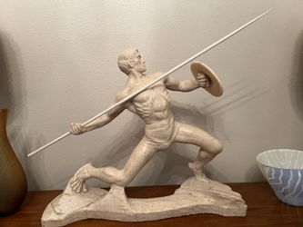 Large Antique Alabaster? Greek Warrior Statue in a dynamic pose, holding a spear and shield 23.5"H x 30"W Signed