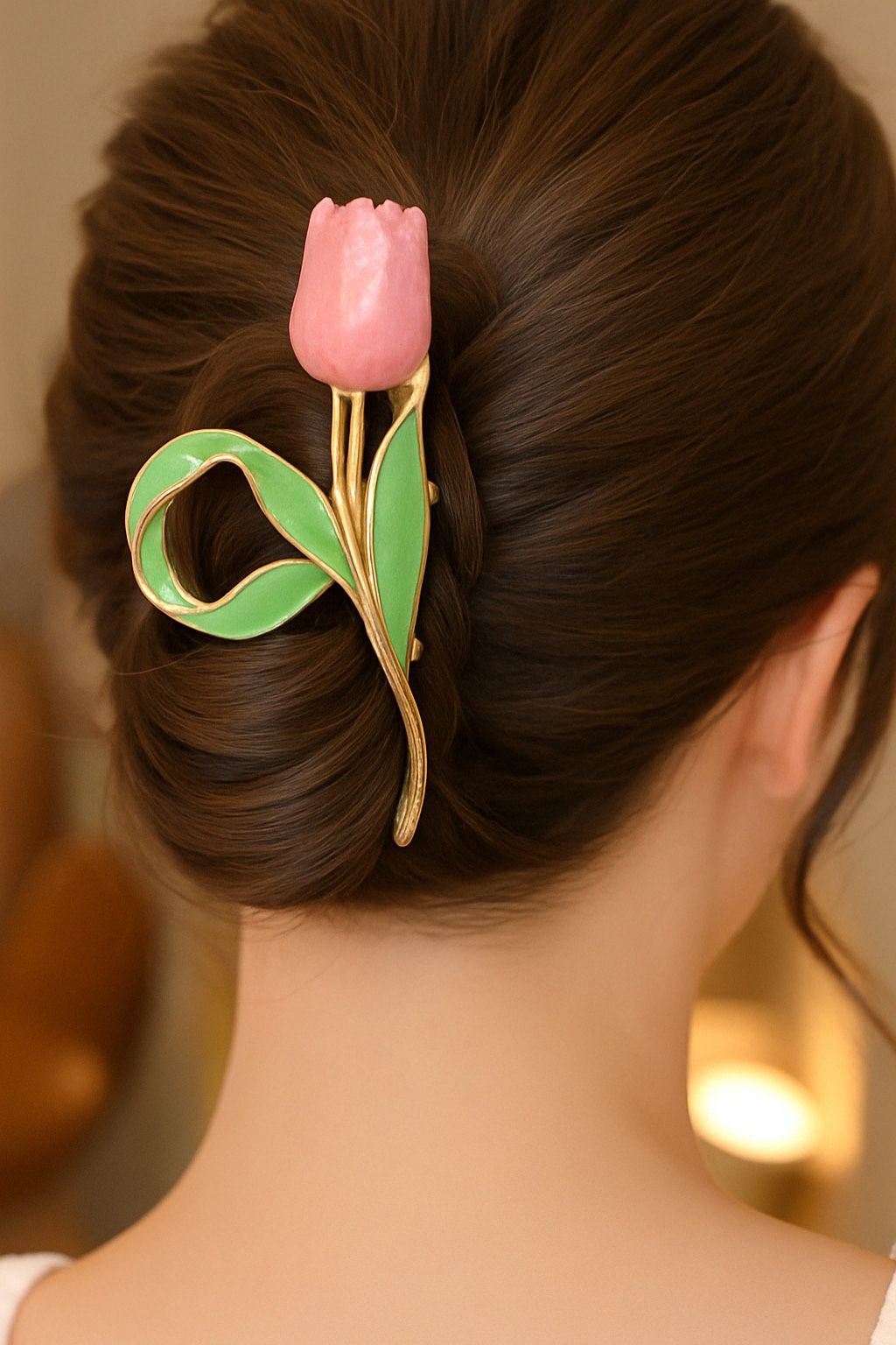 Tulip Hair Clip Pink Flower Claw with Green Leaves Boho Nature-Inspired Hair New