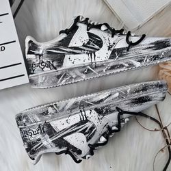 Custom Black White Graffiti Air Force 1 Style Sneakers – Streetwear Drip – Low Top