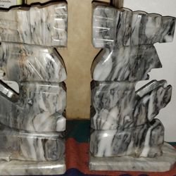 Large Marble Aztec / Mayan Warrior Carved Book Ends