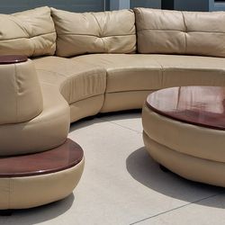 Free Delivery! Beige Leather Modern Sectional W/ Cherry Shelf & Coffee Table