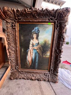 Large Vintage Portrait Painting – Lady in Blue – Ornate Frame