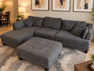 Charcoal Gray Chaise Sectional & Ottoman Set! Same Day Delivery Available. 🛻