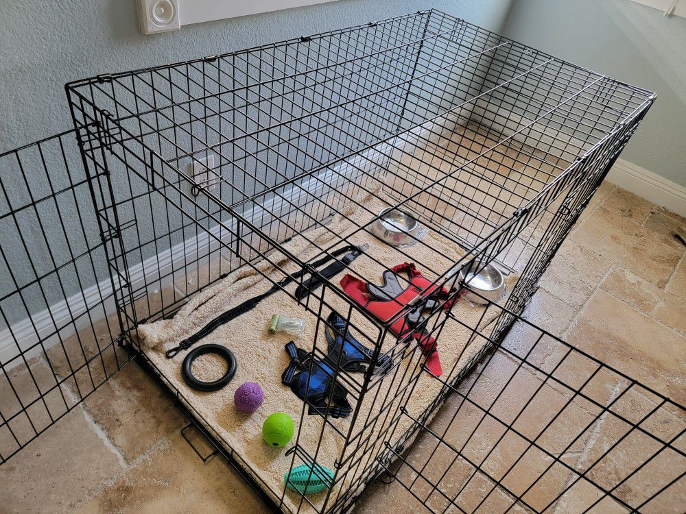 Brand New 48"x30"x33 Dog Crate Packages With 2 Doors, Tray, Bed, 2 Bowls, Harness, Leash, 2 Toys, Poo Bags, Crate Alone $100, Xxxl Dog Cage  Kennel 