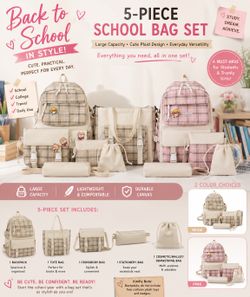 🎒 Back-to-School 5-Piece Plaid Backpack Set – Like New!