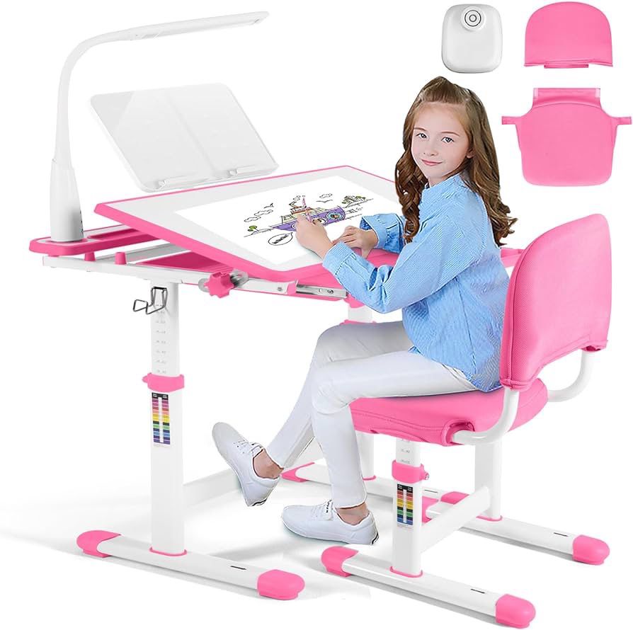 Kids Study Desk and Chair Set,Adjustable Girls School Writing Study Table,with Large Writing Board LED Lamp Pull Out Drawer Pencil Case Bookstand,Pink