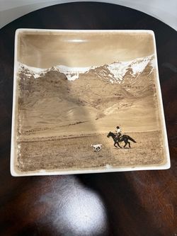 Vintage Western Cowboy Square Ceramic Plate / Vide-Poche