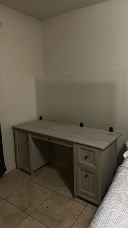 Gray Wood Desk with Drawers and Cabinet