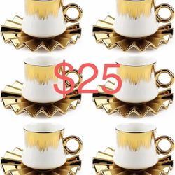 3.5oz Ceramic Espresso Cups Set of 6, Small Stackable Coffee Cups with Saucers, Ottoman-Style Turkish Coffee Cup Set for Tea, Espresso, Latte, Coffee,