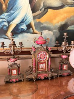 Rare French Antique Pink Sevres-Style Gilt Bronze Porcelain Mantle Clock Candelabra