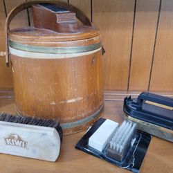 ANTIQUE?  WOOD FIRKIN SHOE SHINE BUCKET and brushes / extra