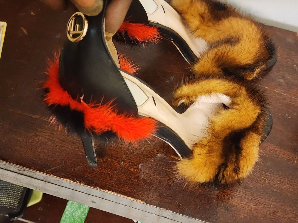 Fendi Multicolor FF Mink Fur Ankle Strap Sandals Size 7 for