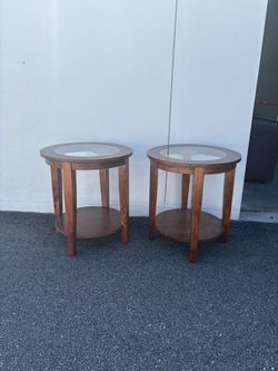 Pair of Round Wood and Glass End Tables