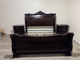 Dark Cherry Wood Sleigh Bed Frame with Nightstands