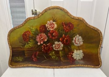 Large Floral Wood Wall Art Panel with Ornate Gold Trim