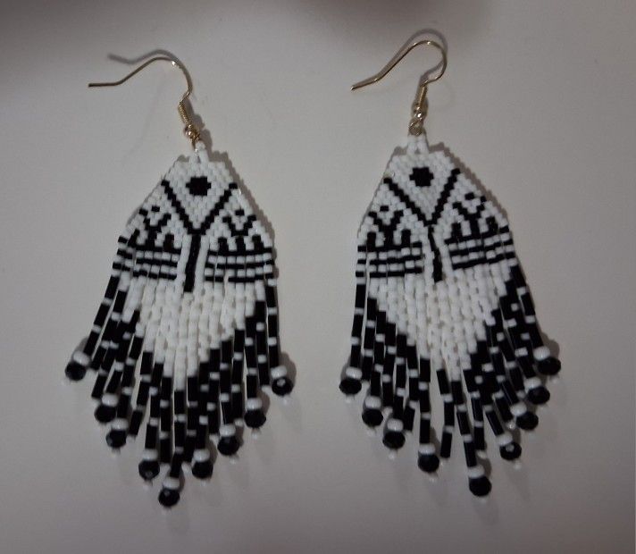 Beaded Black And White Earrings With Fringe