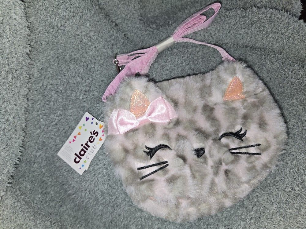 Claire's Club Furry Pink Cat Crossbody Bag and Ty Fashion Beanie Boos Cassidy the Lavender Cat mini crossbody purse