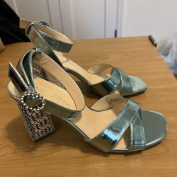 Betsey Johnson Metallic Mint /Green Cross Front Mirrored Heels Size 8