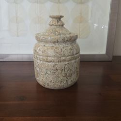Hand-Carved Fossil Stone Marble Jar with Lid – Natural Fossilized Stone Canister – Rustic Boho Decor