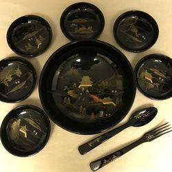 Vintage Japanese Embossed Aizu LacquerWare Serving & Salad Bowl Fork Spoon Set 