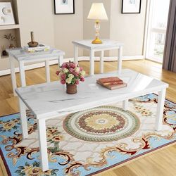 Marble coffee table set, modern style coffee table set of three, with two white marble side tables and a marble center table, suitable for living room