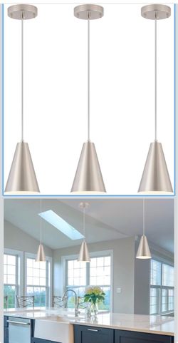 Brushed Nickel Pendant Lights Kitchen Island,Dining Room Light Fixtures Over Table 3 Pack With Silver Cone Metal Shade, Modern Farmhouse Small Chandel