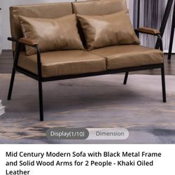 Century Modern Sofa with Black Metal Frame and Solid Wood Arms for 2 People 