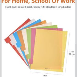 Amazon Basics Durable Multicolor 3-Ring Binder Plastic Divider Set with Tab Labels, 3-Hole Punched, for School and Organization, Letter Size 8-Tab Div