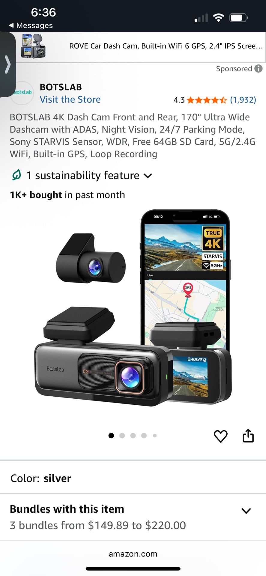 BOTSLAB 4K Dash Cam Front and Rear, 170° Ultra Wide Dashcam with ADAS, Night Vision, 24/7 Parking Mode, Sony STARVIS Sensor, WDR, Free 64GB SD Card, 5